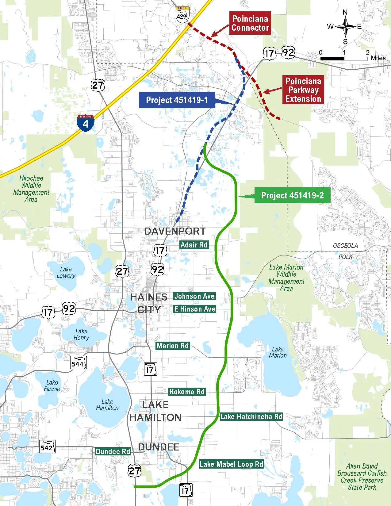 Mapa oficial de Florida's Turnpike (FDOT) del área de estudio de Central Polk Parkway East (Proyecto 451419-2): el corredor seleccionado baja desde la US 17/92 cerca de Davenport, pasa por Haines City y Lake Hamilton y llega hacia Dundee y Lake Mabel Loop Road, en el noreste del condado de Polk.