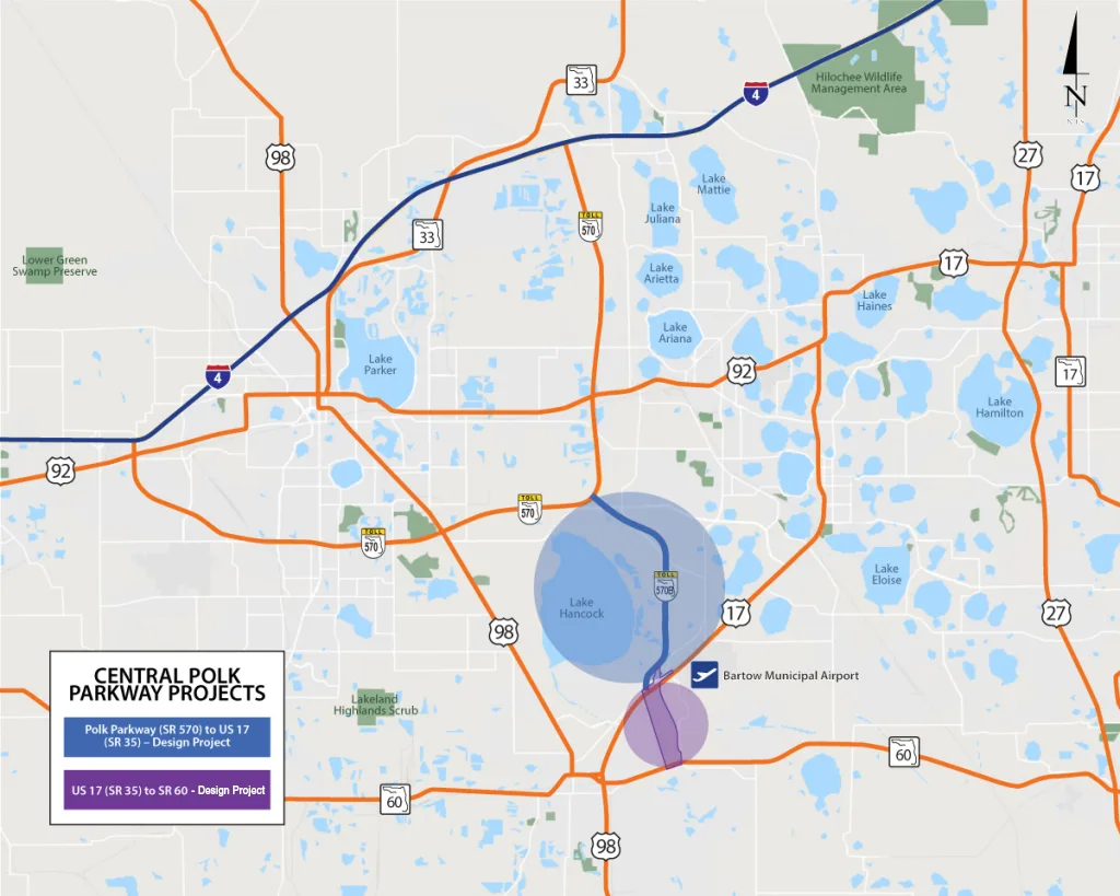 Mapa oficial de Florida's Turnpike (FDOT) de los proyectos de la Central Polk Parkway (S.R. 570) en Polk County, entre la U.S. 17, la S.R. 60 y el intercambio con la I-4.