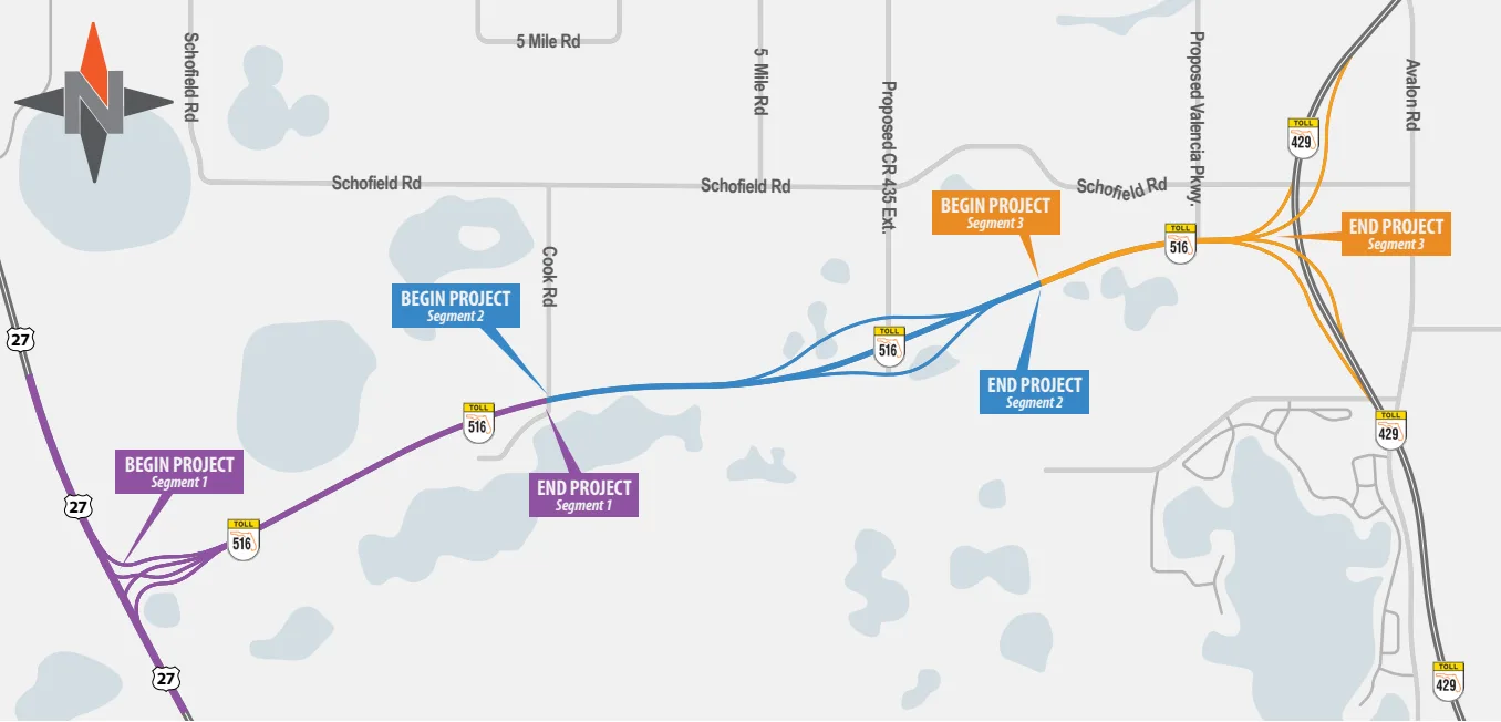 Mapa oficial de CFX de la S.R. 516 (Lake/Orange Expressway), con sus tres segmentos entre la U.S. 27 y la S.R. 429, cerca de Winter Garden y Horizon West.