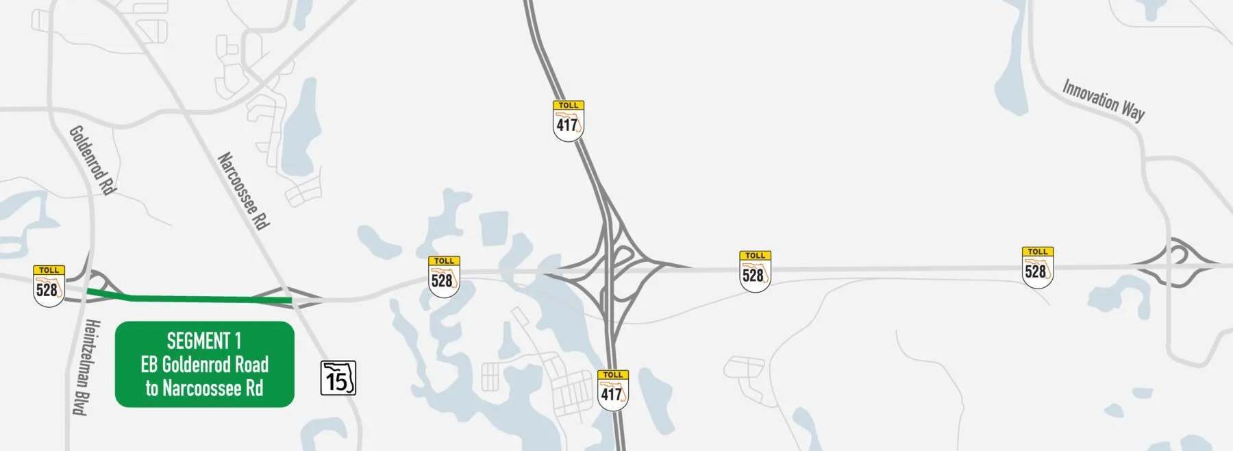 Mapa oficial de CFX de las mejoras de capacidad de la S.R. 528 (Beachline Expressway) entre Goldenrod Road y Narcoossee Road, junto a Lake Nona y el aeropuerto MCO.