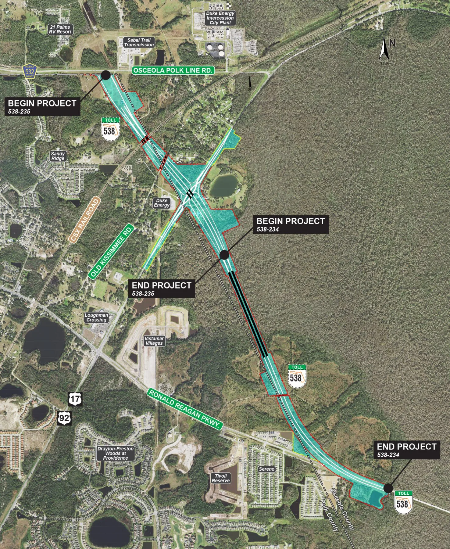 Mapa oficial de CFX (sobre imagen aérea) de la extensión de la S.R. 538 (Poinciana Parkway) hasta C.R. 532, con los segmentos 538-234 y 538-235 en el límite de los condados de Osceola y Polk.