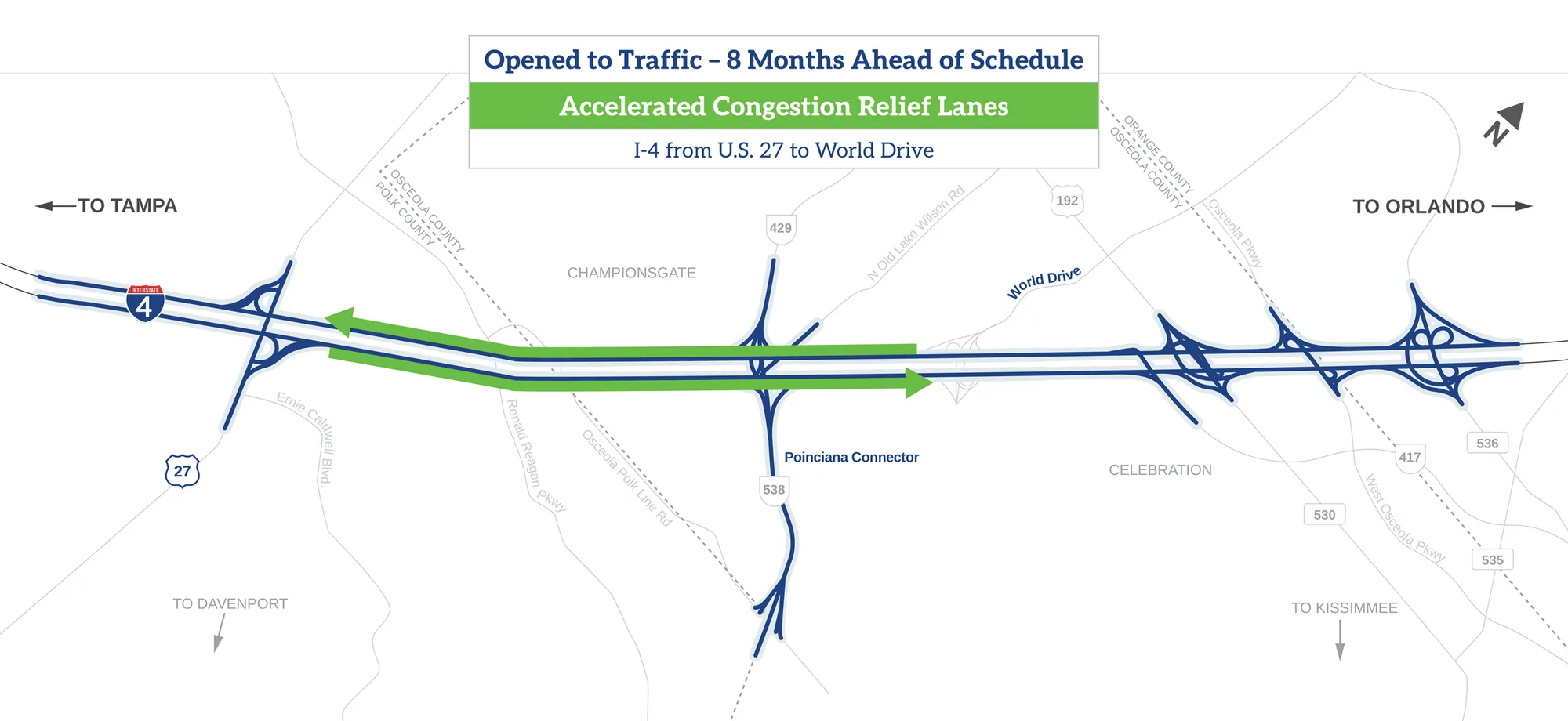 Mapa oficial de FDOT de los carriles de alivio de congestión de la I-4 entre la U.S. 27 y World Drive, abiertos al tránsito por delante del cronograma, cerca de Davenport y Championsgate.