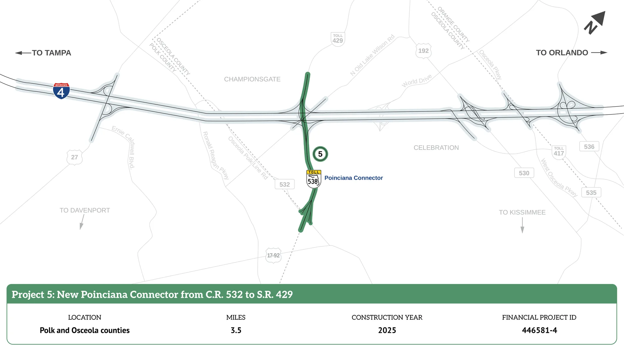 Mapa oficial de FDOT del nuevo Poinciana Connector (Proyecto 5, S.R. 538), un corredor de 3,5 millas entre C.R. 532 y S.R. 429 en los condados de Polk y Osceola.