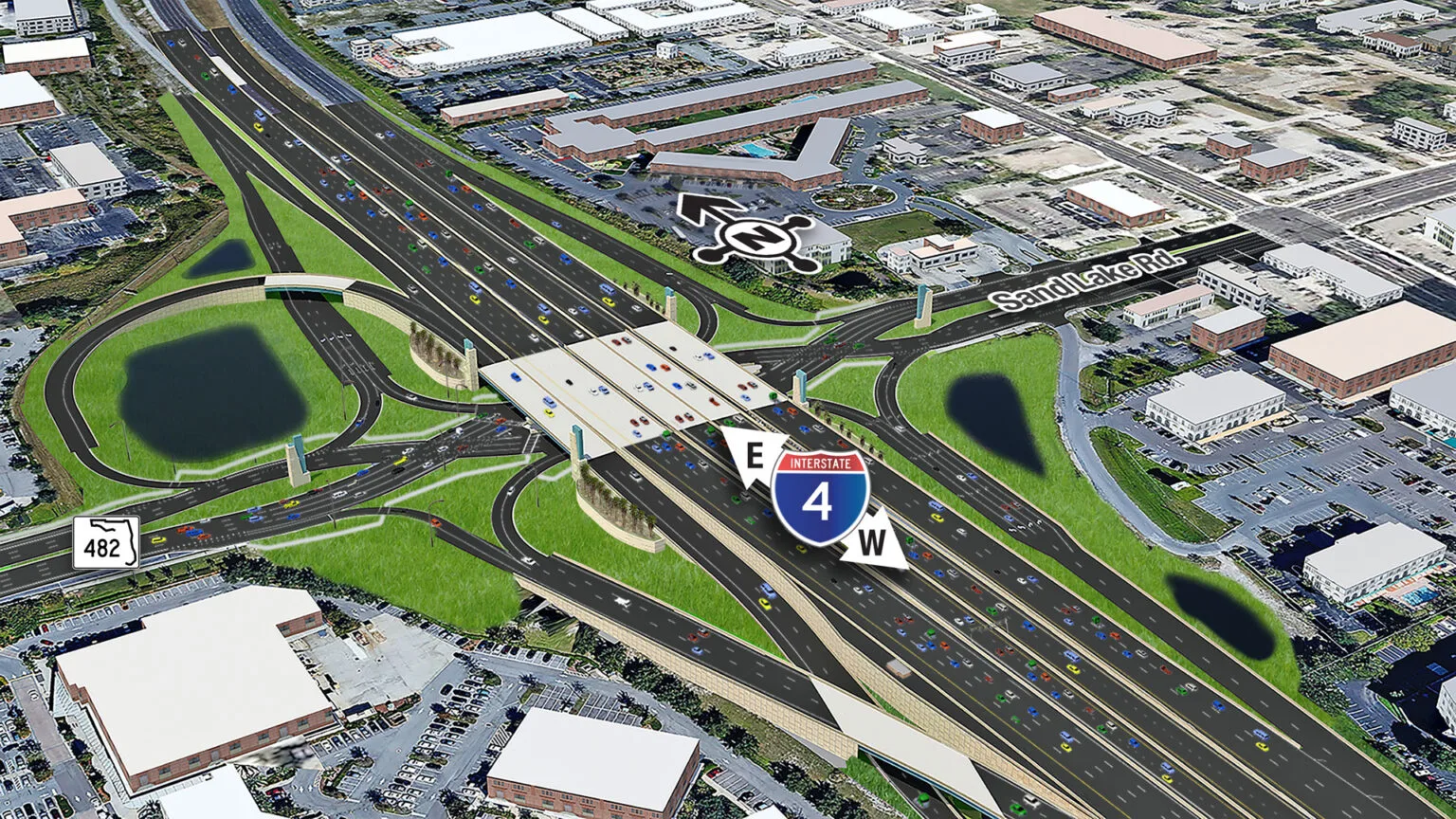 Representación de diseño oficial de FDOT del intercambio de la I-4 y Sand Lake Road (S.R. 482) en Orange County, parte del programa I-4 Beyond the Ultimate.