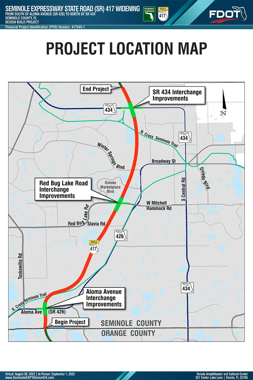 Mapa oficial de ubicación de Florida's Turnpike (FDOT) de la ampliación de la S.R. 417 (Seminole Expressway) desde Aloma Avenue hasta la S.R. 434, con mejoras de intercambios en Seminole County.