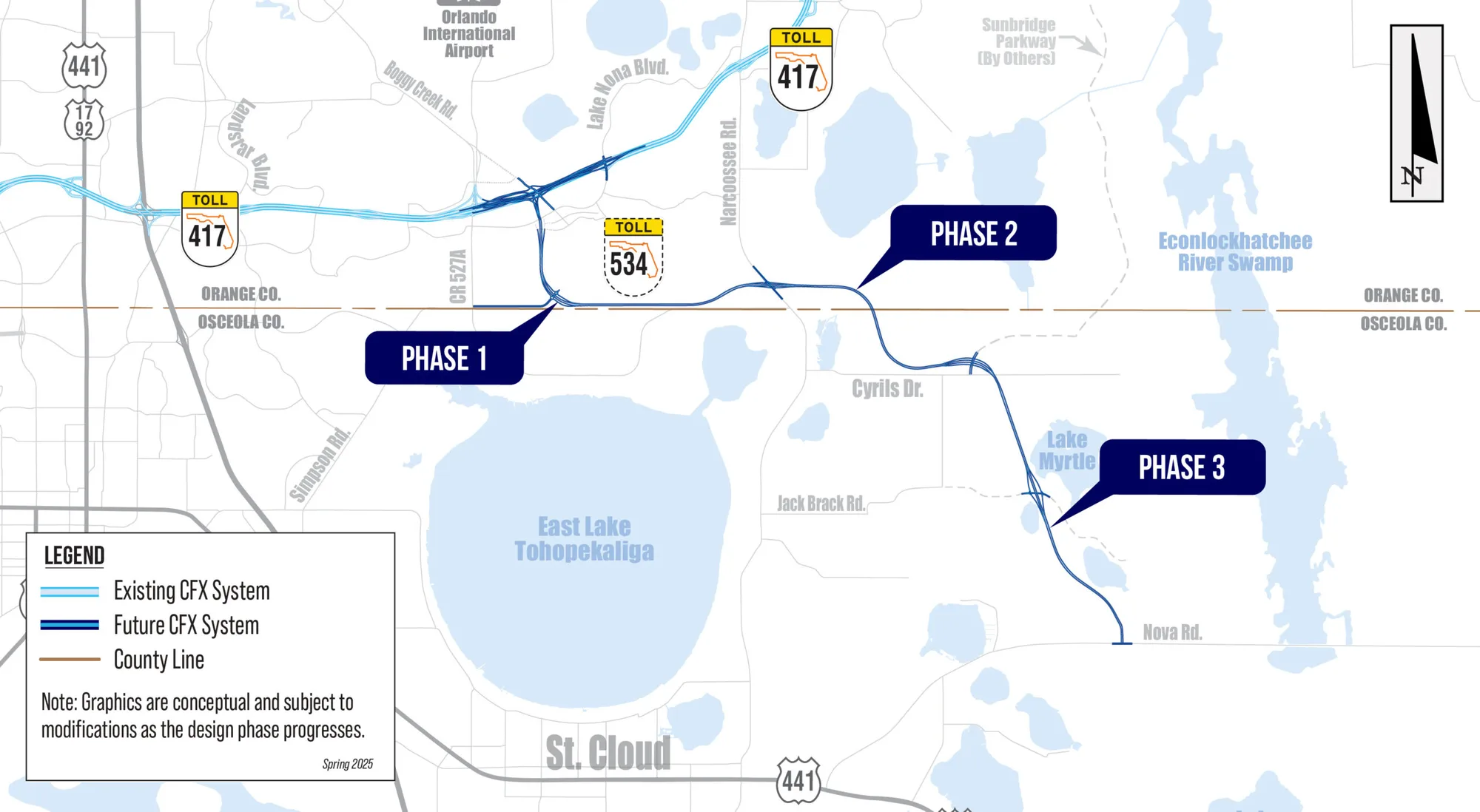 Mapa oficial de CFX de la extensión de la S.R. 534 (Osceola Parkway), con las fases 1, 2 y 3 desde la S.R. 417 hacia Narcoossee Road y Nova Road, entre los condados de Orange y Osceola.